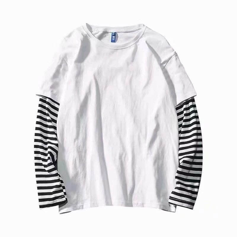 Fake Two Striped Color Matching Stitching Long Sleeve Women T-shirt Hip Hop Style Bottoming Shirt