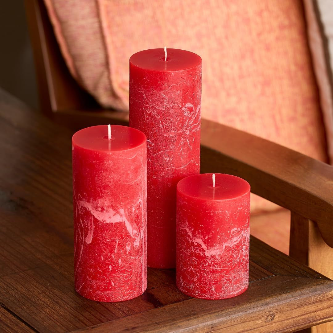 Red Pillar Candles Set of 3, 3 Sizes, Unscented Rustic