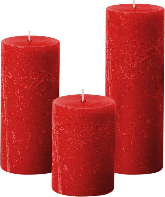 Red Pillar Candles Set of 3, 3 Sizes, Unscented Rustic