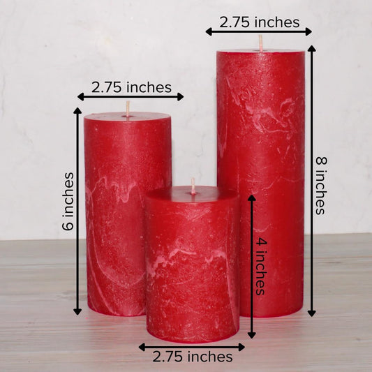 Red Pillar Candles Set of 3, 3 Sizes, Unscented Rustic