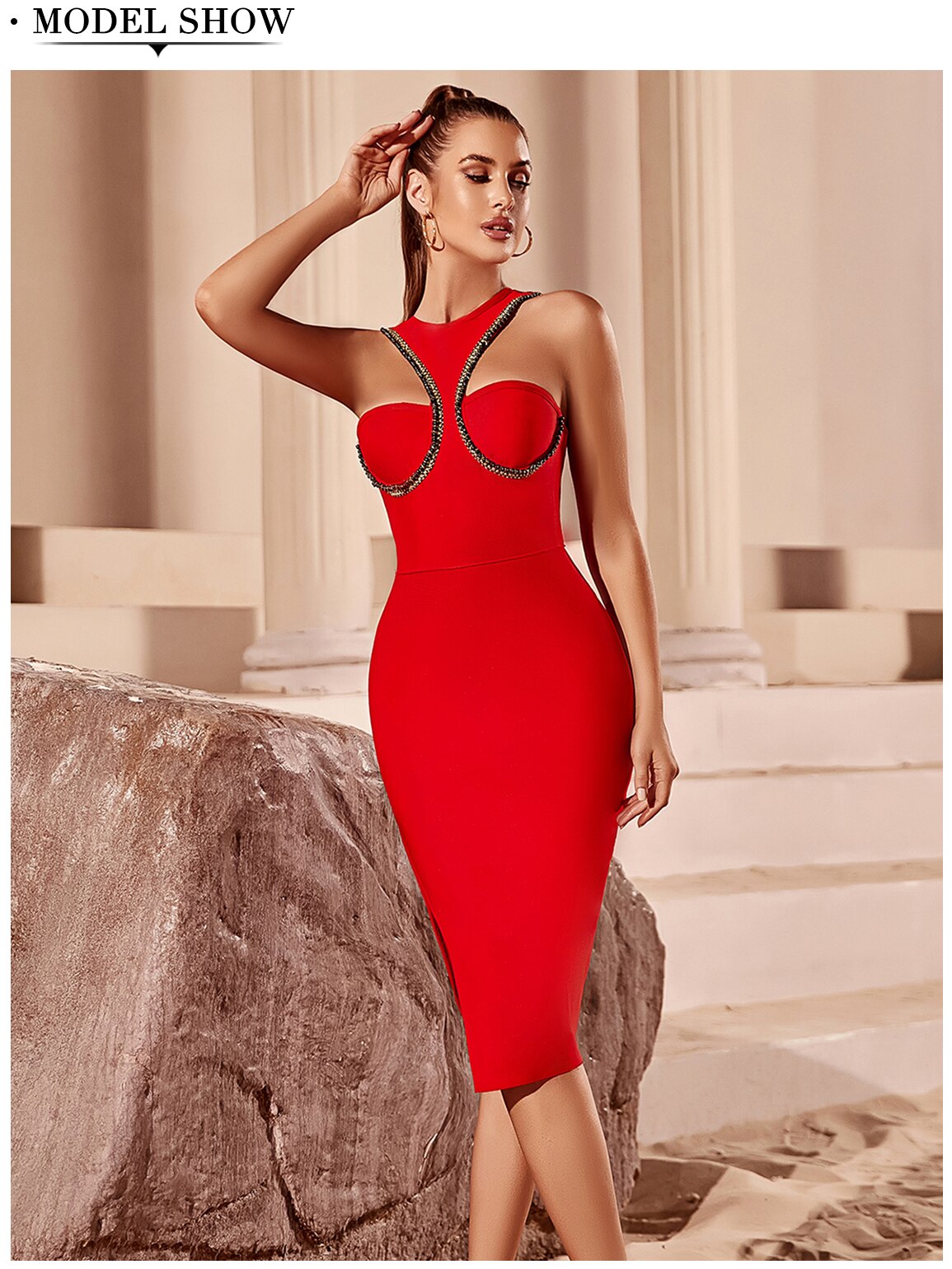Red Bandage Dress Sleeveless Sexy Celebrity O Neck Hollow Out Dress Vestidos
