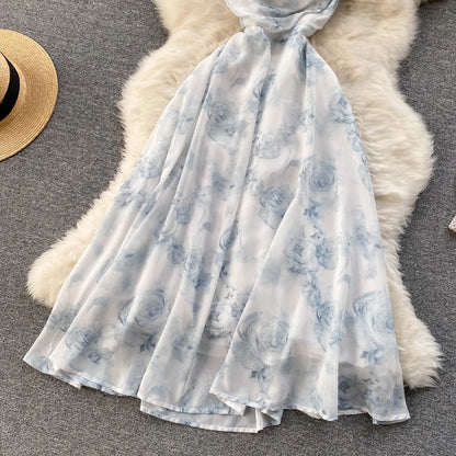 Floral Spaghetti Strap Dress Elastic Ruched Sexy Hollow Backless Party Dress