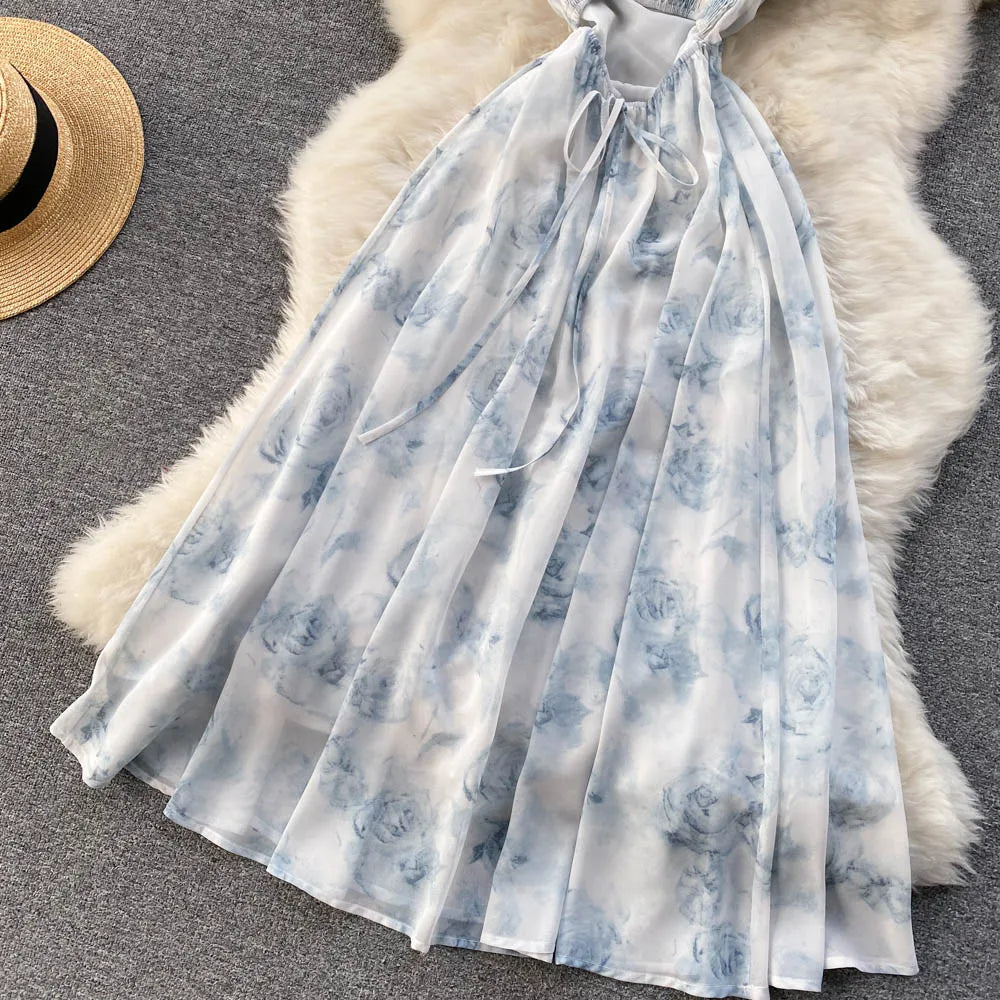 Floral Spaghetti Strap Dress Elastic Ruched Sexy Hollow Backless Party Dress