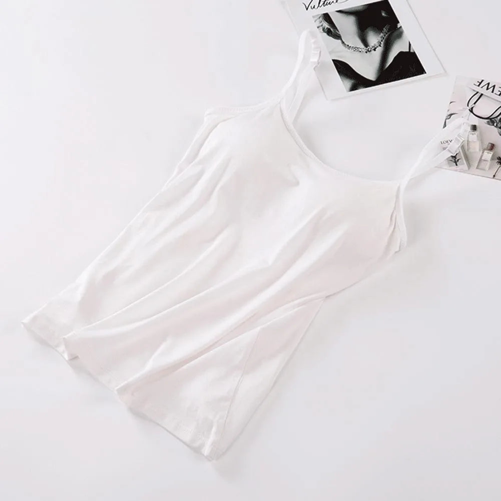 Solid Tank Tops Adjustable Strap Built In Cup Padded Wireless Camisole Camis Vest