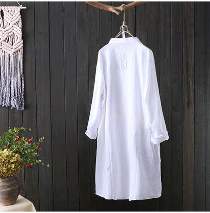 Cotton Shirt Long Sleeve Embroidery Blouse Stand Collar Loose Long Top Office Lady Casual Wear