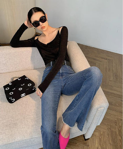 Sexy Swing Collar Cropped Tops Women Autumn  Metal Design Skinny Long Sleeve T-Shirt Outwear