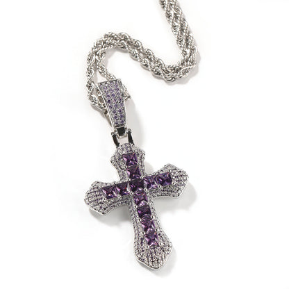 Hip-hop copper-inlaid purple zircon cross necklace