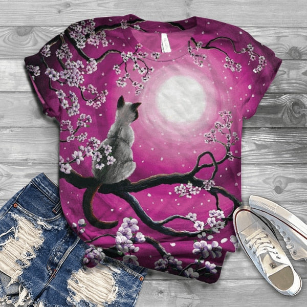 Women Summer Short Sleeve Digital 3D Cat Printed O-Neck Tops T Shirt Femme T-Shirts