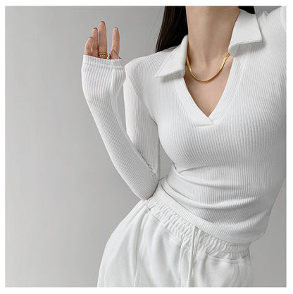 Sexy V-Neck Slim Fitness Women's T-Shirt Long Sleeve Polo Shirt Woman High Waist Cropped Tops