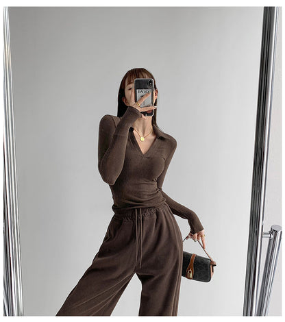 Sexy V-Neck Slim Fitness Women's T-Shirt Long Sleeve Polo Shirt Woman High Waist Cropped Tops