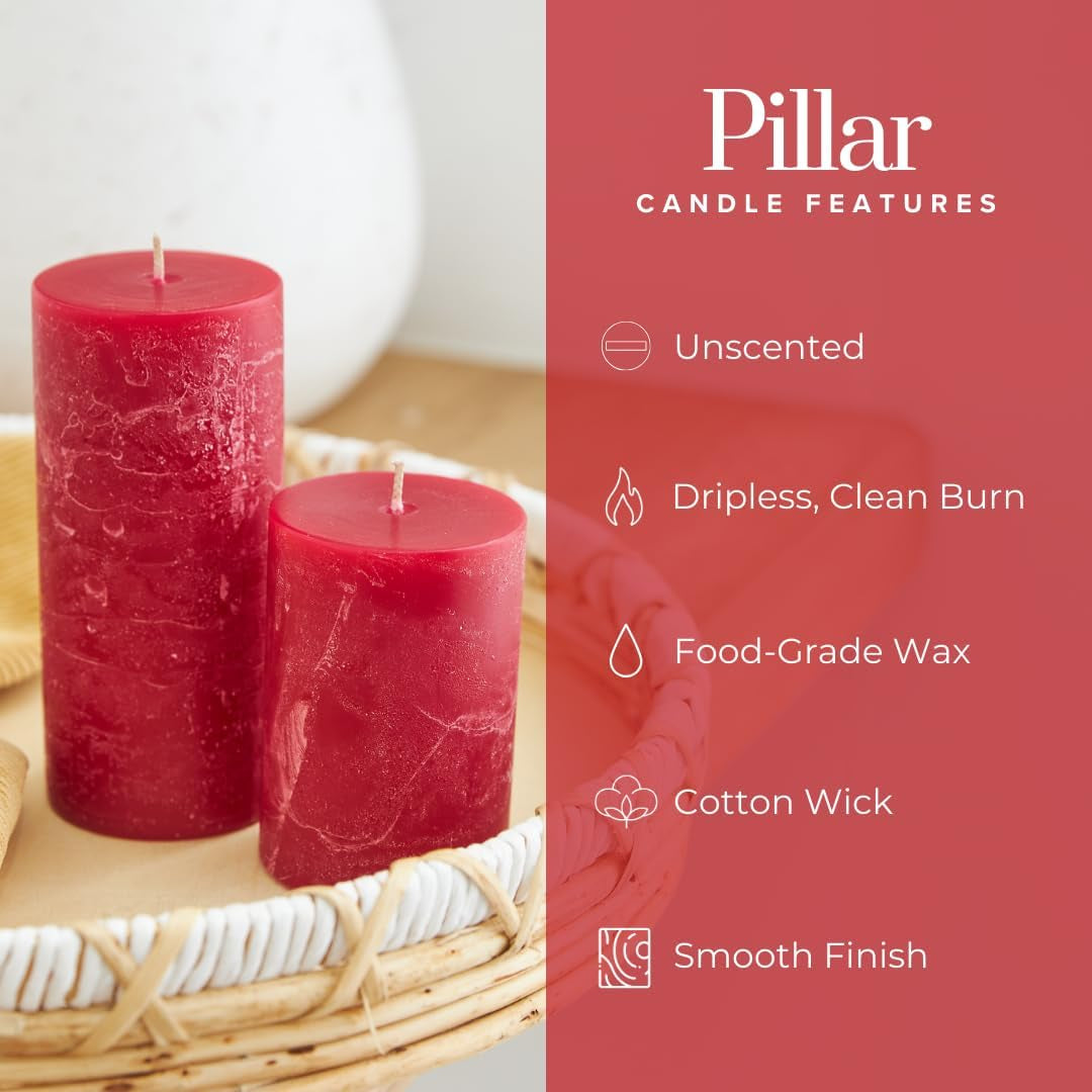 Red Pillar Candles Set of 3, 3 Sizes, Unscented Rustic