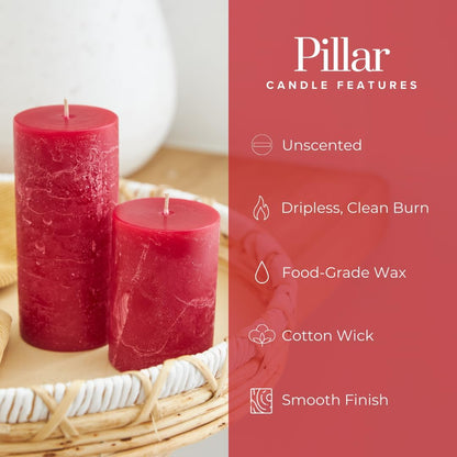 Red Pillar Candles Set of 3, 3 Sizes, Unscented Rustic