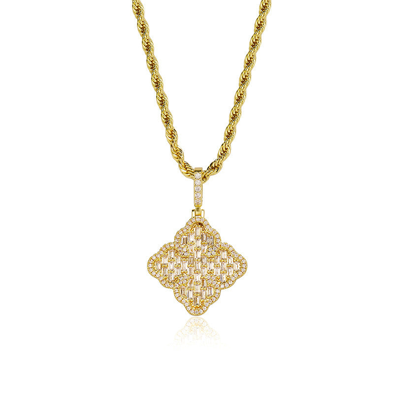 Full-diamond zircon four-leaf clover necklace