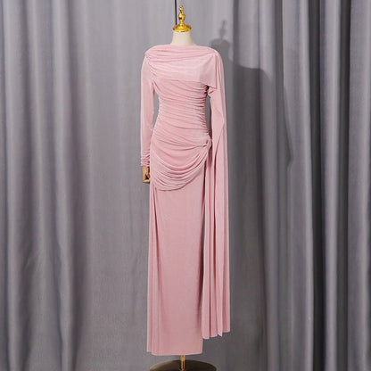 Diagonal Ruched Cape Gown | Asymmetric Draped Long Sleeve Maxi Dress(MS222)