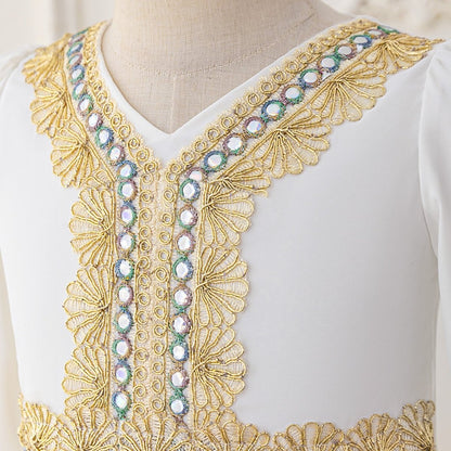 Girls Embroidered Kaftan Dress with Jeweled Belt(MKG021)